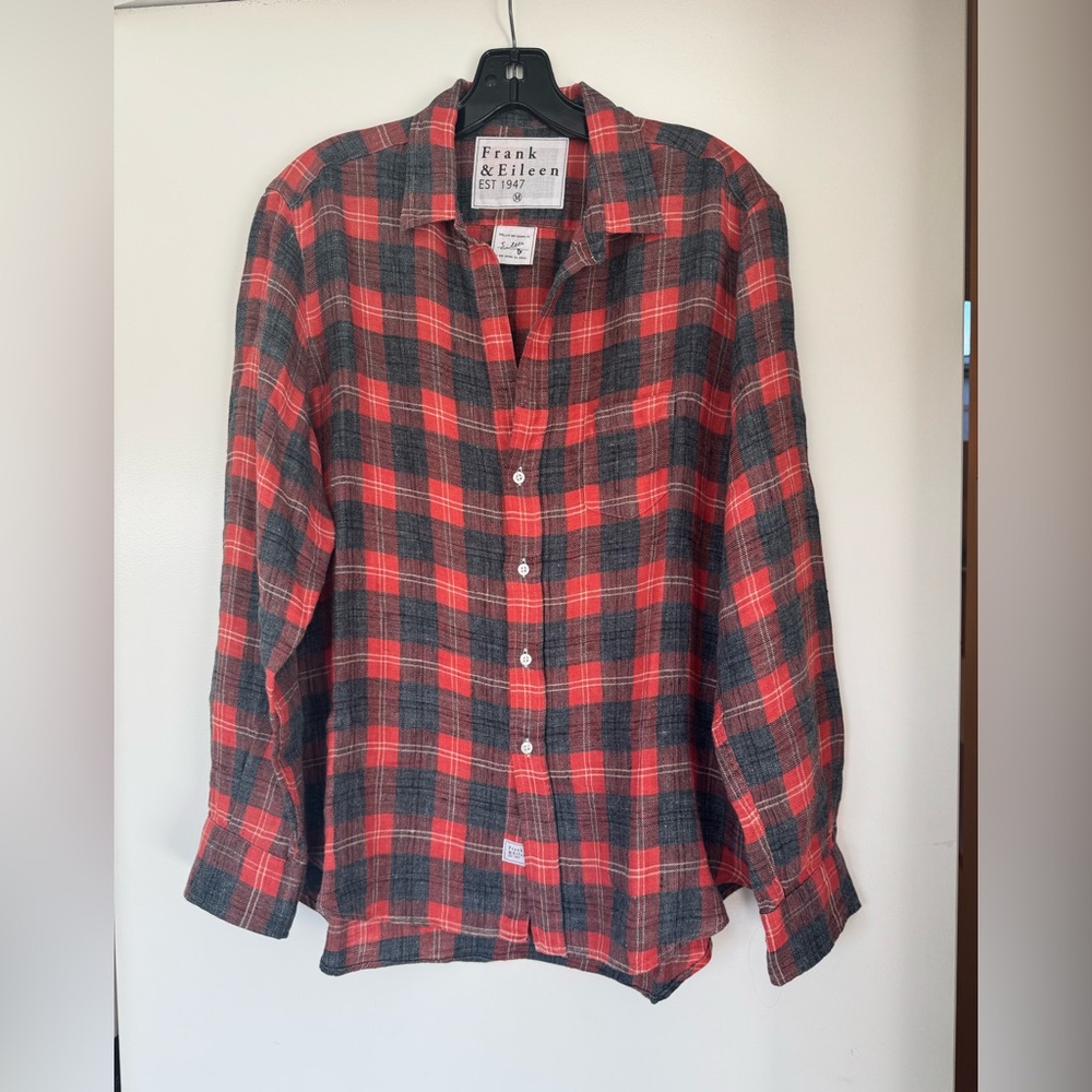 Red plaid linen blouse